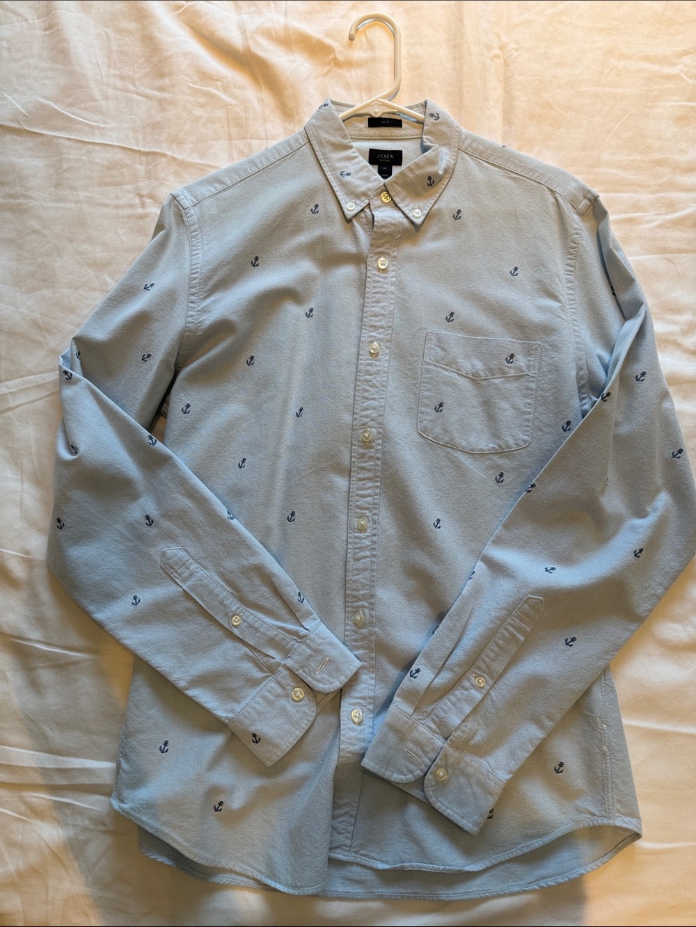 J. Crew Light Blue Button-Down Shirt with Navy Anchor Embroidery